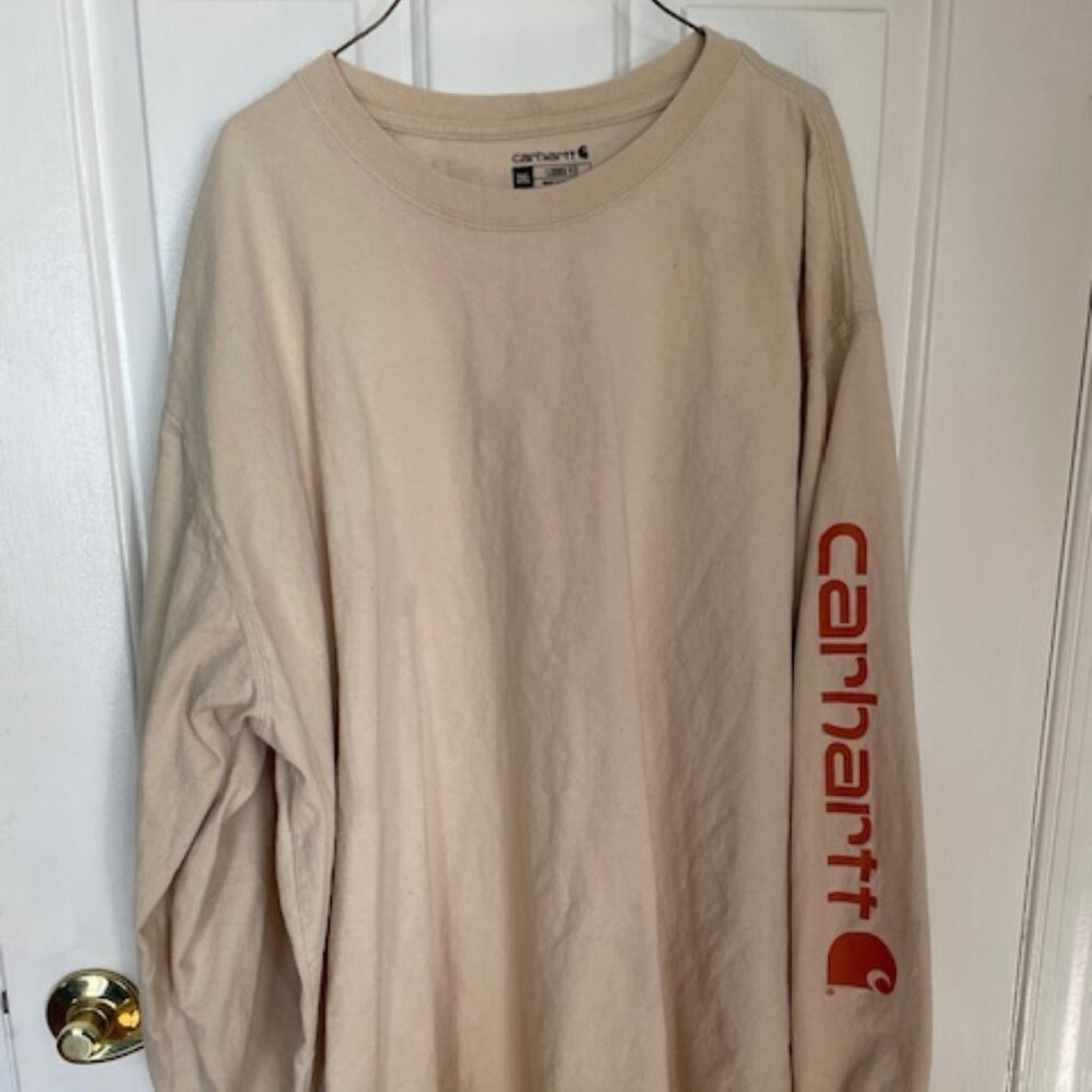 Carhartt Beige Long Sleeve Pullover loose fit shirt, logo, 100% cotton size 2XL